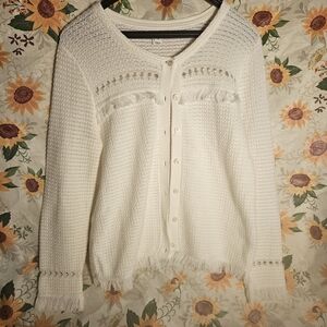 J.D.Crew 100% White Fringe Cardigan Sweater. Great For Fall.
